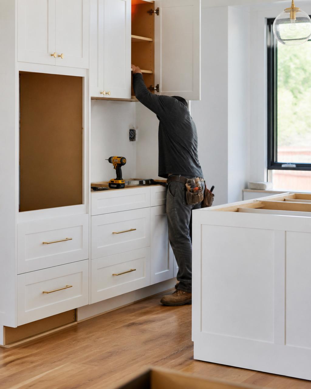 ONP craftsman installing custom kitchen cabinets during a Houston home remodel